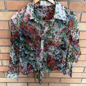 Pins & Needles Floral Watercolor Sheer Button-Up Tie Front Blouse Size Small